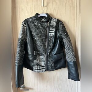 VENUS Women's Black, White and Gray Faux Leather Asymmetrical Zippered Jacket